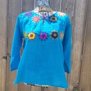 Mexican Blue Blouse with Hand-Embroidered Flowers
